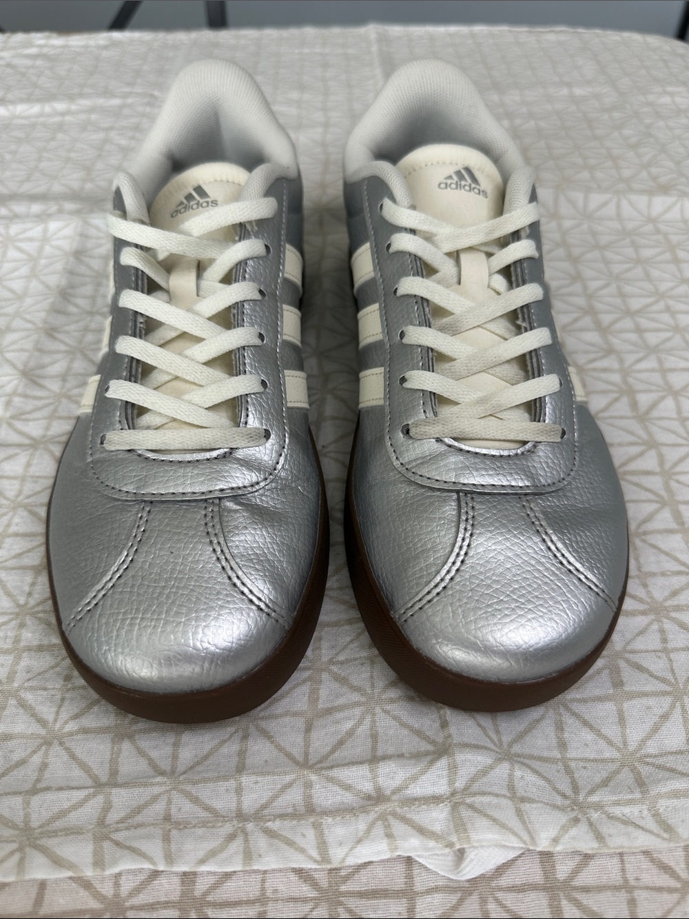 adidas Silver Sneakers with Cream Stripes and Brown Sole - Picture 4 of 7